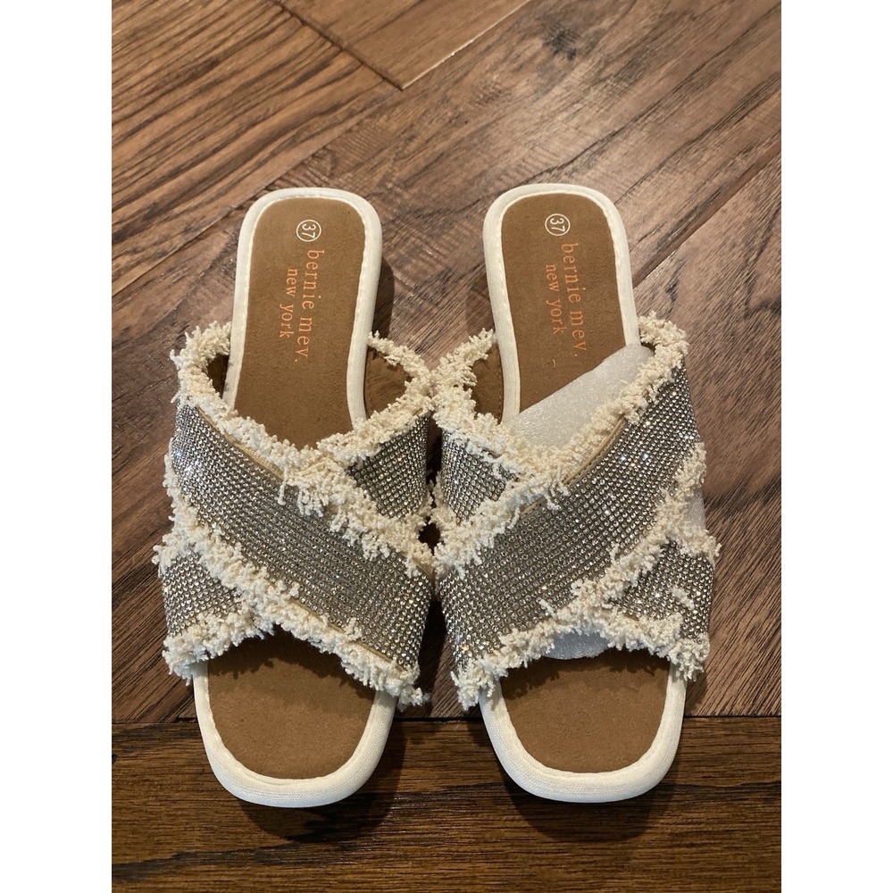 Bernie Mev New York Women's Slide Sandals Rhinestone Tweed Ivory Sz 7